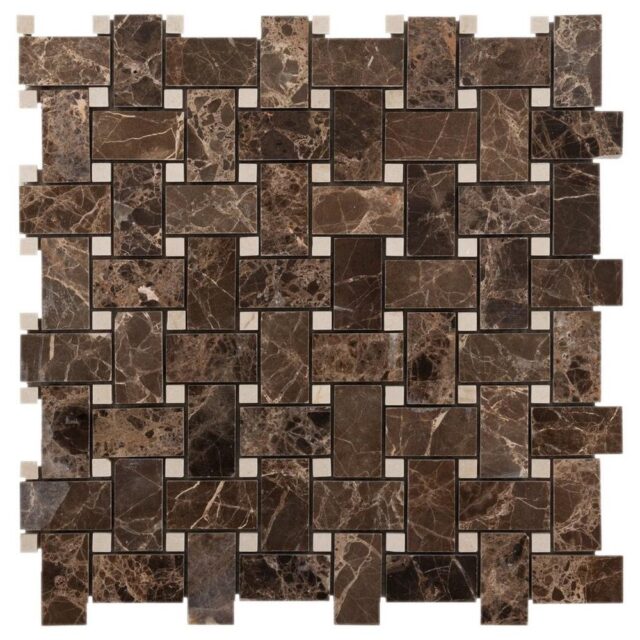 Crema Marfil and Dark Emperador Basketweave Marble Mosaic
