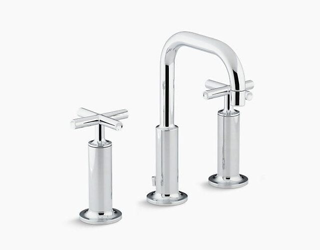 Purist Widespread Bathroom Sink Faucet with High Cross Handles and Low Gooseneck Spout