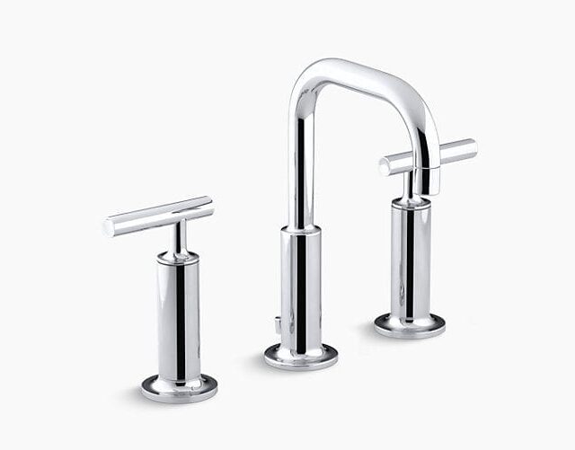Purist Widespread Bathroom Sink Faucet with High Lever Handles and Low Gooseneck Spout