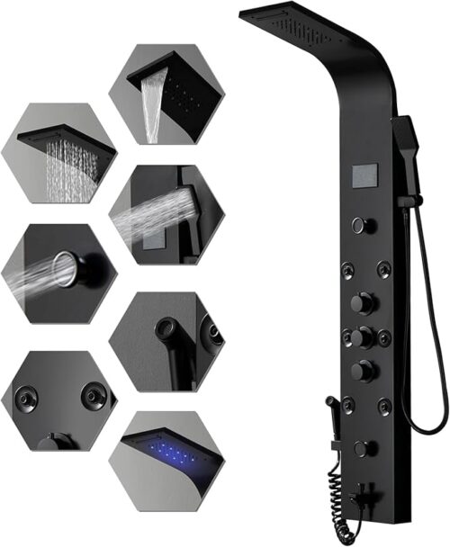 Shower Panel Tower with Rainfall Waterfall Shower Head 304 Stainless Steel Multi Function Shower System with Digital Display Design Matte Black Massage Body Jets and Handheld Shower