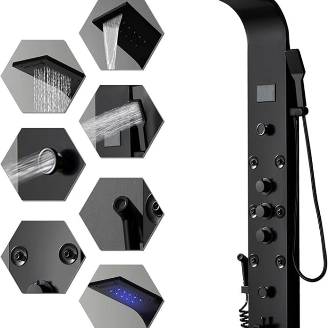 Shower Panel Tower with Rainfall Waterfall Shower Head 304 Stainless Steel Multi Function Shower System with Digital Display Design Matte Black Massage Body Jets and Handheld Shower